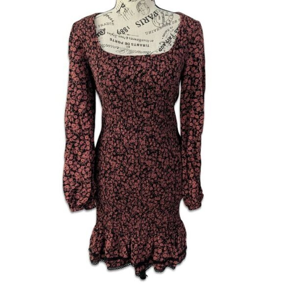Lost + Wander Dresses & Skirts - LOST & Wander Anthropologie Stretch Dress Black Pomegranate Red Floral Ruched XS